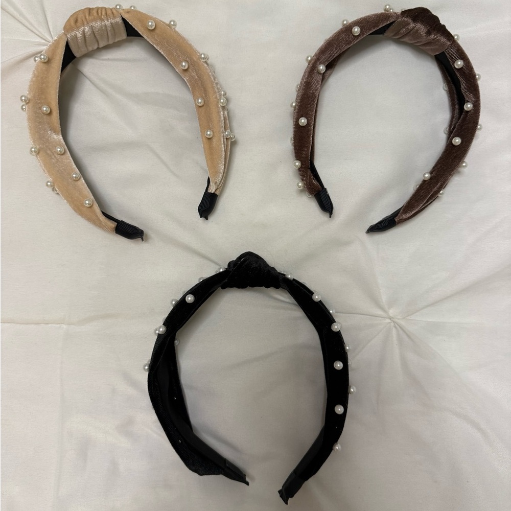 Velvet Pearl Embellished Headband Set - Black, Brown, Cream - Picture 2 of 5